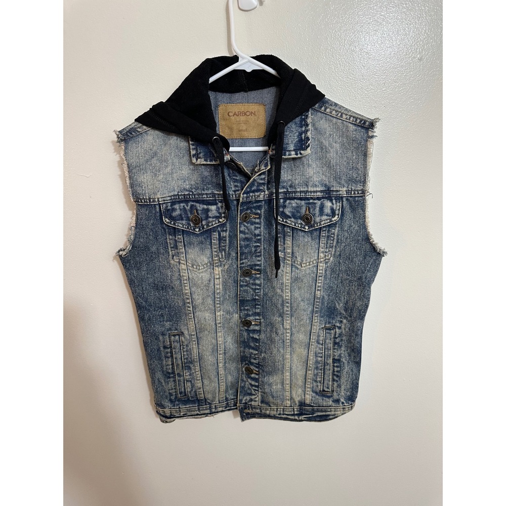 Carbon Mens Small Acid Wash Denim Vest Black Hooded Sleeveless Jacket Frayed